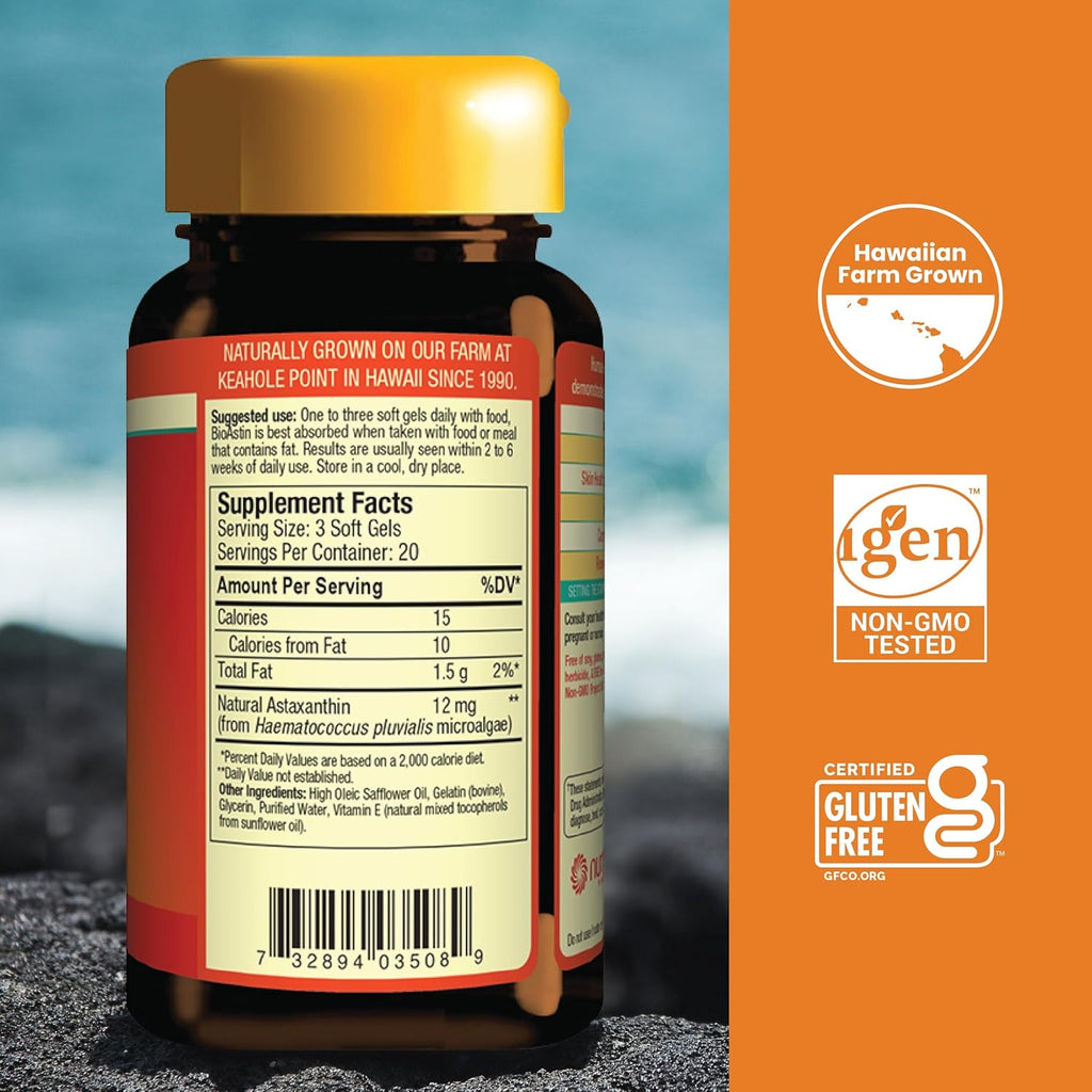 Nutrex Hawaii BioAstin Hawaiian Astaxanthin - 4mg, 60 Softgels - Farm-Direct Premium Antioxidant Supplement to Support Eye, Skin, Joint & Immune System Health - Non-GMO & Gluten-Free