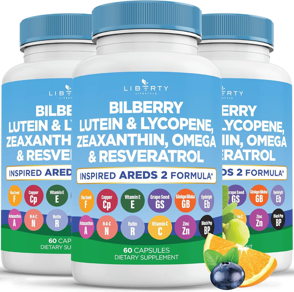 Eye Health Vitamins with Bilberry, Lutein & Zeaxanthin, Lycopene, Resveratrol, Grape Seed Extract Flaxseed Astaxanthin- AREDS 2-180 Capsules
