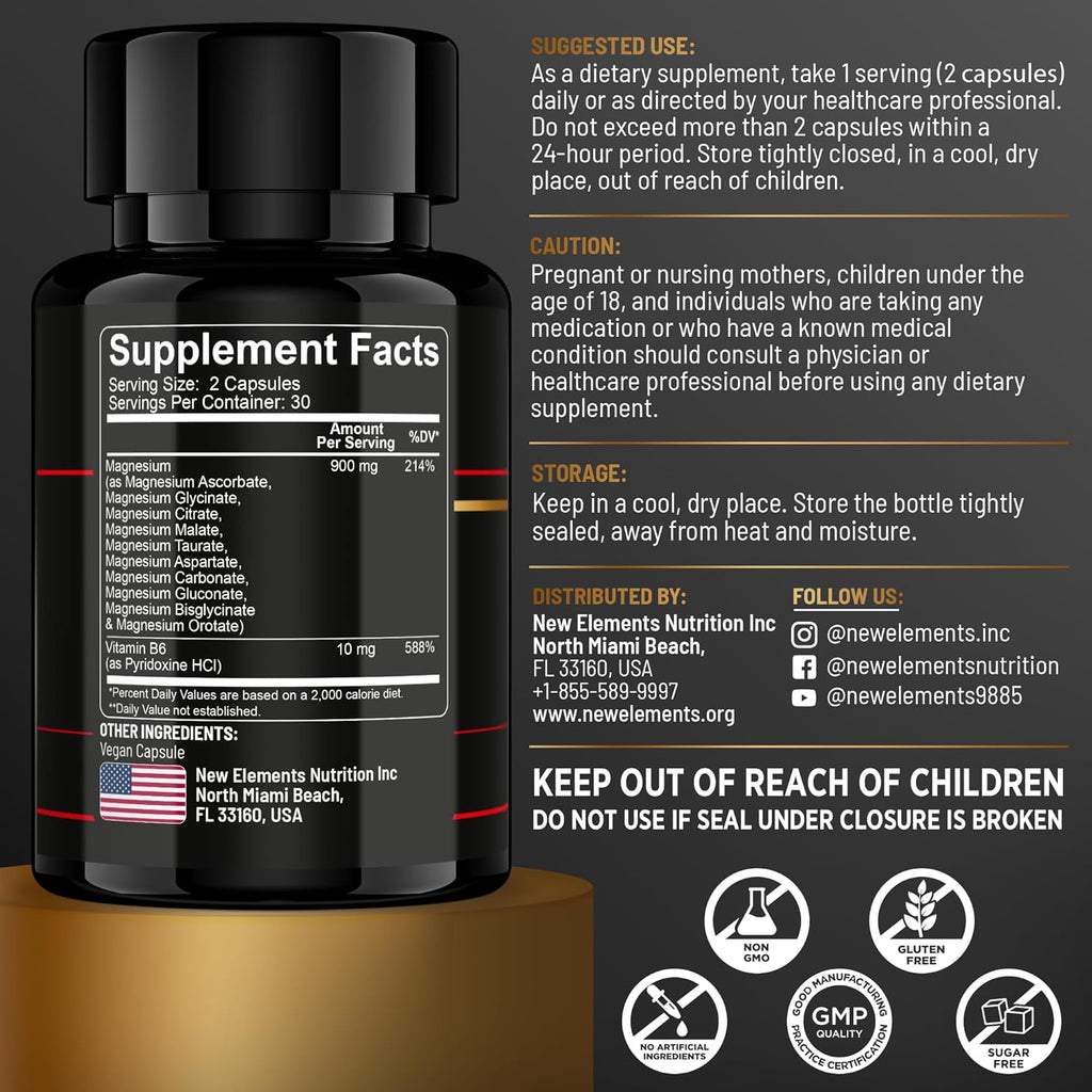 Magnesium 10X Complex – 900mg Elemental Magnesium | Glycinate, Gluconate, Malate, Orotate, Carbonate, Asparate, Taurate, Citrate, Bisglycinate, Ascorbate + Vitamin B6 for Superior Absorption