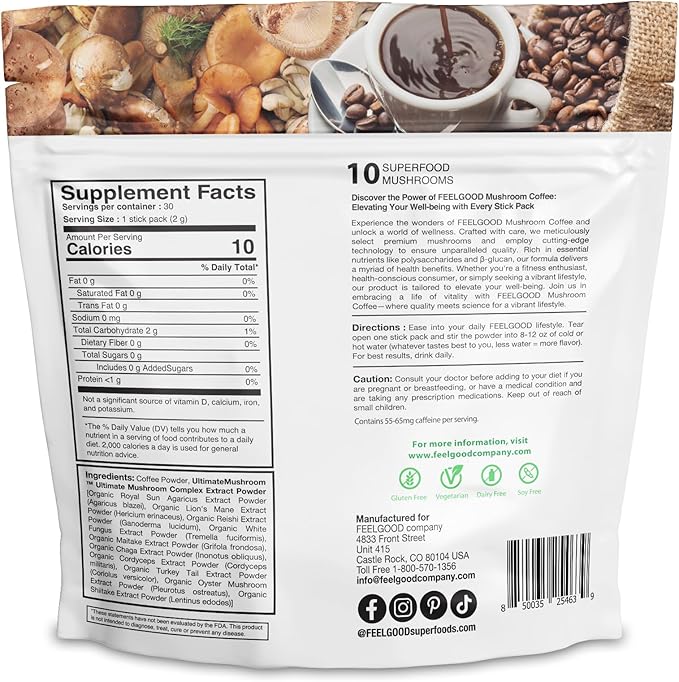 Feelgood Company Mushroom Coffee with 10 Organic Mushrooms and Arabica Coffee, 30 Stick Packs, Zero Added Sugar, Supports Immune Health and Brain Function