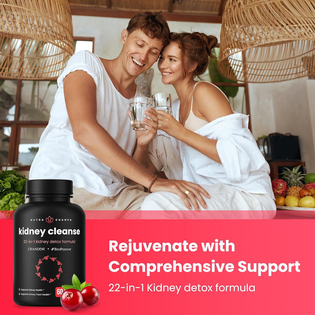 Kidney Cleanse Detox | 22-in-1 Kidney Support Supplement | 25,000mg Cranberry Pills Extract | Extra Strength Repair & Flush Premium Formula | Urinary Tract Health for Women & Men | 60 Vegan Capsules