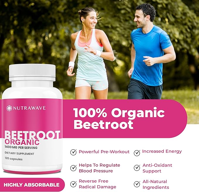 Nutrawave 1400mg Organic Beet Root Capsules, Nitric Oxide Support, Beta Vulgaris Powder – 120 Vegan Capsules / 60-Day Supply - 1 Pack