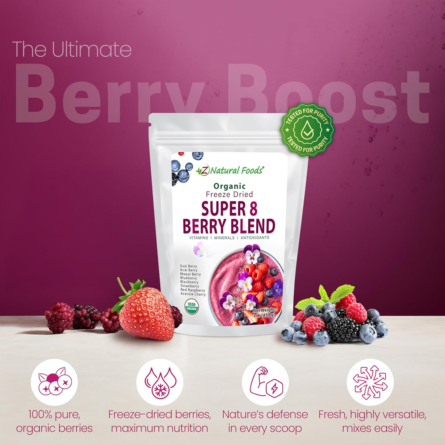 Z Natural Foods Super 8 Berry Blend - Organic Freeze Dried Berry Powder, Fruit Superfood Powder - Delicious Powdered Fruit Berry, Antioxidant Powder for Smoothies, Yogurts, Healthy Drink Mix, 1 lb