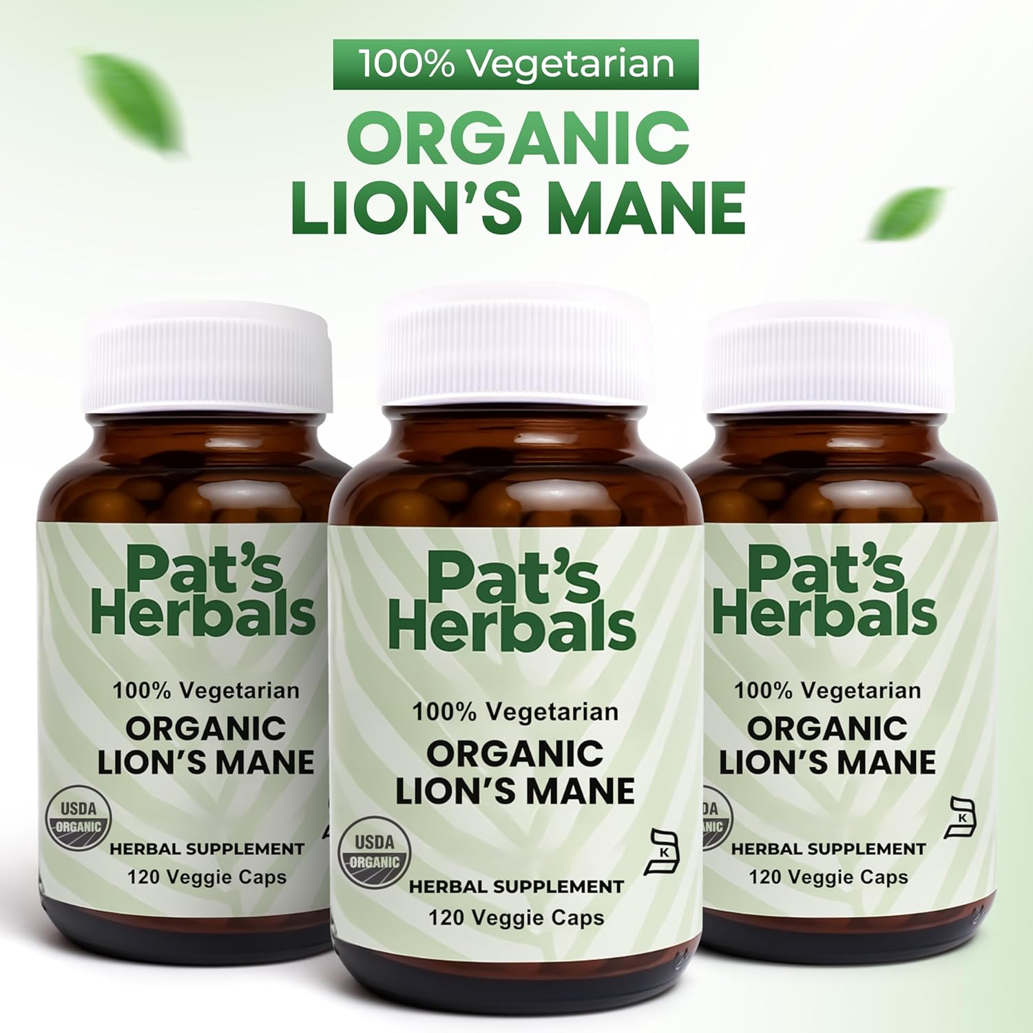 Pat's Herbals Organic Lion’s Mane Capsules | 120 Count | 1000 mg Pure Lion’s Mane | Vegan & Non-GMO