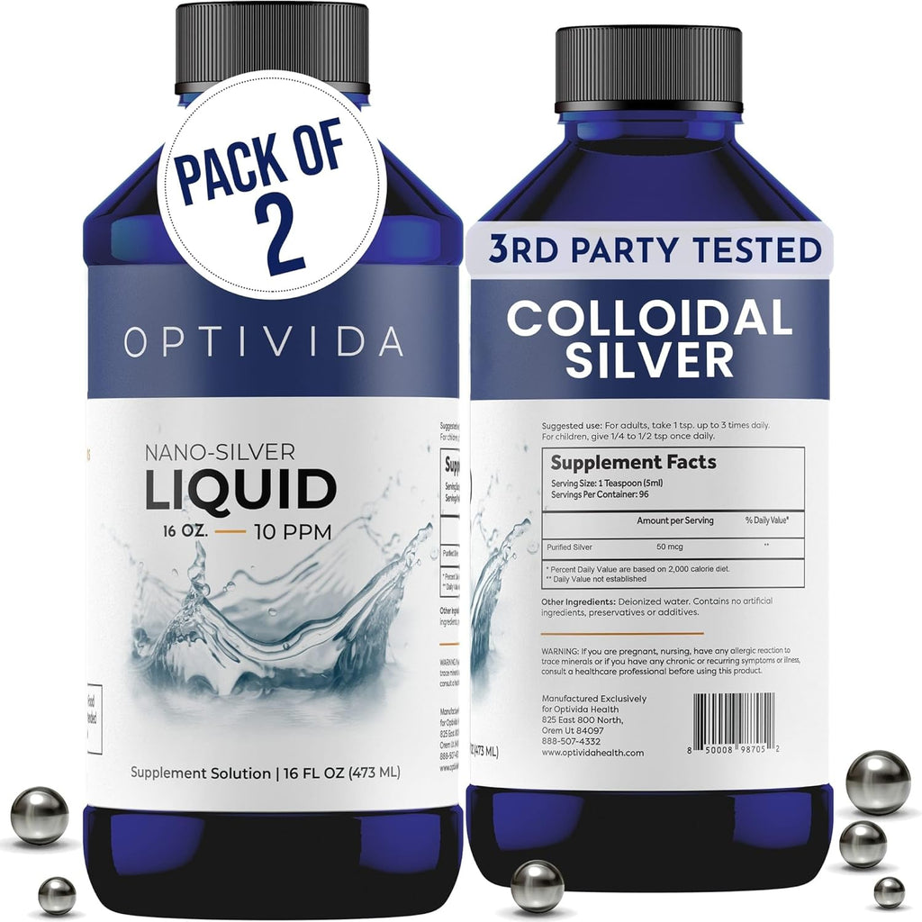 Optivida Health Nano Colloidal Silver Liquid (2 Pack) – Immune Support Supplements with Silver Hydrosol, Liquid for Immune Support, Colloidal Silver for Immune System.