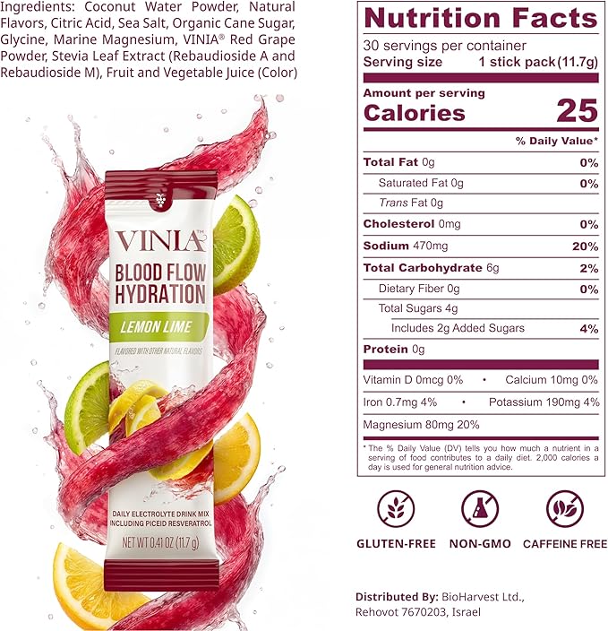 VINIA Resveratrol Electrolyte Hydration Powder Mix, Lemon Lime | Boost Blood Flow & Circulation | Sea Salt, Coconut Water Potassium, Magnesium, Informed Sport Certified, 30 Sticks
