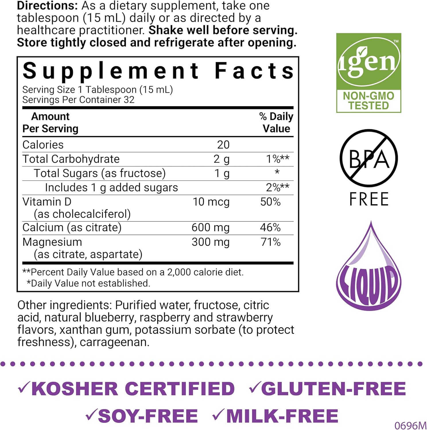 Bluebonnet Nutrition Liquid Calcium Citrate, Magnesium, Vitamin D3, Bone Health, Gluten Free, Soy Free, Milk Free, Kosher, 16 fl oz, 32 Servings, Mixed Berry Flavor