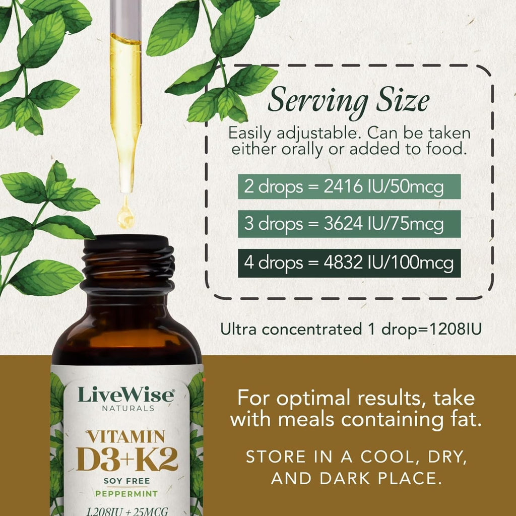 LiveWise Naturals Vitamin D3 with K2 Liquid Drops, All Natural, Non-GMO, USA Made, 1208 IU Vitamin D3 & 25 mcg K2, Supports Bone Health and Energy Levels, Infused with Peppermint, Olive, and MCT Oil