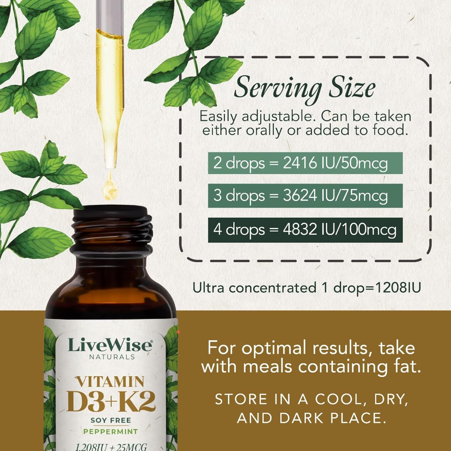 LiveWise Naturals Vitamin D3 with K2 Liquid Drops, All Natural, Non-GMO, USA Made, 1208 IU Vitamin D3 & 25 mcg K2, Supports Bone Health and Energy Levels, Infused with Peppermint, Olive, and MCT Oil