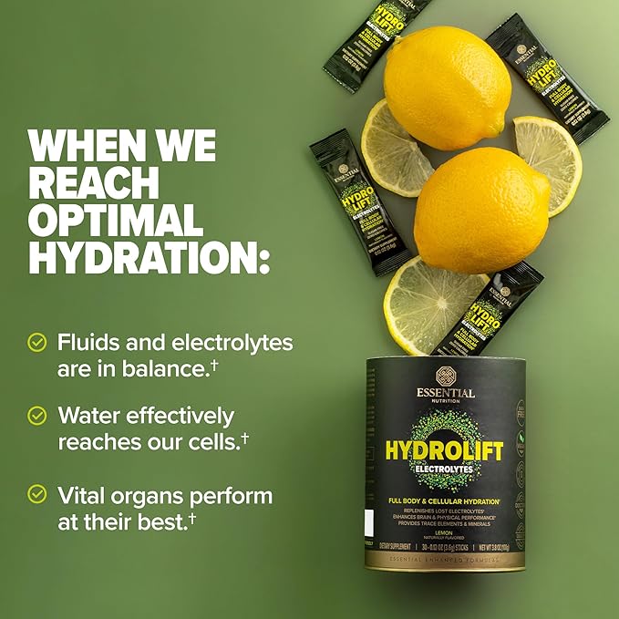 Essential Nutrition Hydrolift Electrolytes - Powerful Hydration Formula - with Trace Elements & Minerals - Keto Friendly - Sugar Free - Lemon, Naturally Flavored - 30 Sticks