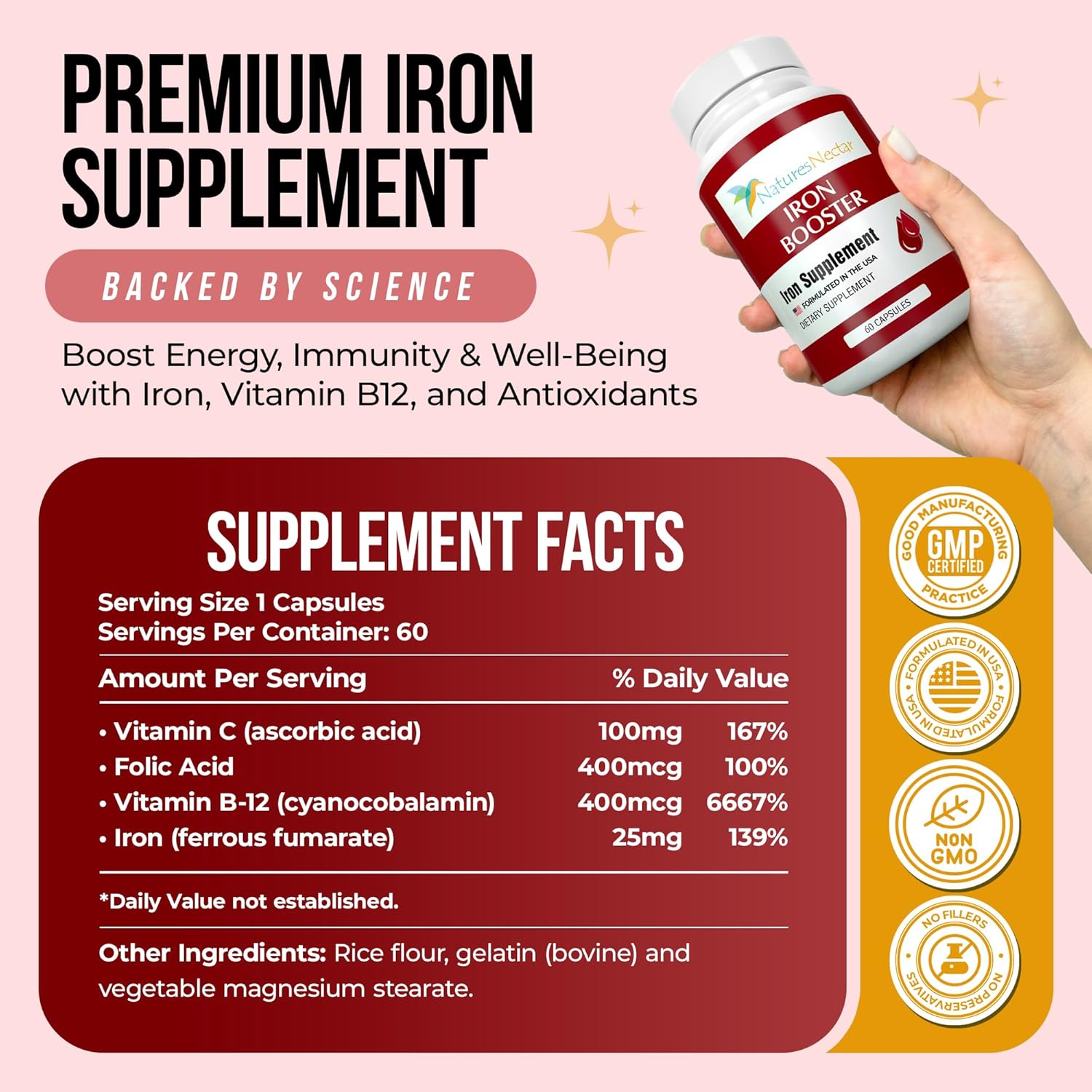 Nature's Nectar Blood Builder Iron Supplement for Men & Women – Slow Release Non-Constipating Iron Capsules with Vitamin B-12, Folic Acid & Vitamin C – Supports Red Blood Cell Production 60 Capsules
