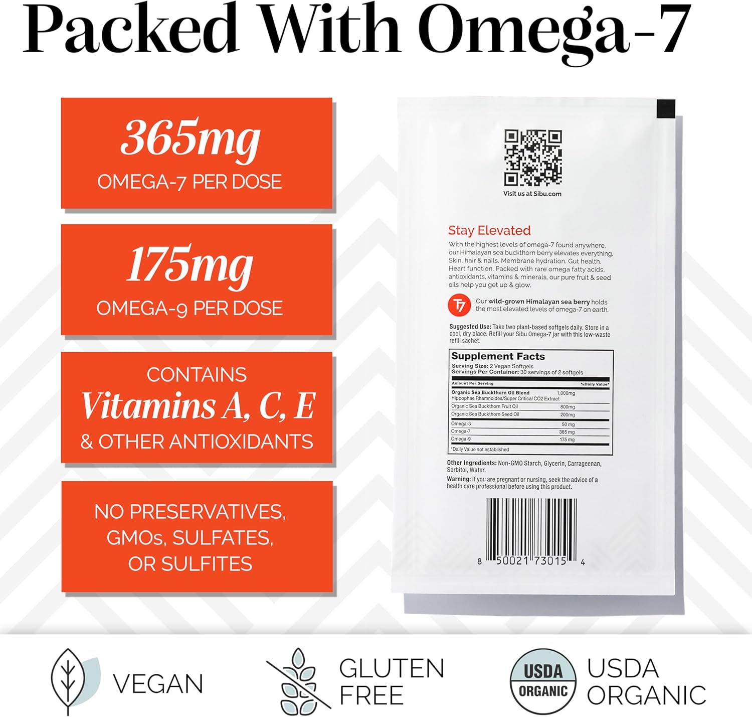 sibu Sea Buckthorn Omega-7 Softgels (30-Day Refill Sachet) – Supplement for Healthy Skin, Hair, Nails and Dryness