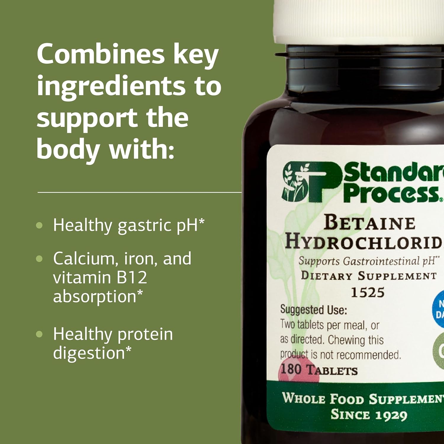 Standard Process Betaine Hydrochloride - Supplement for Gastrointestinal pH Support - Supports Digestive Health & Iron Absorption - Gluten-Free, Non-Dairy & Non-Soy - 180 Tablets (90 Servings)