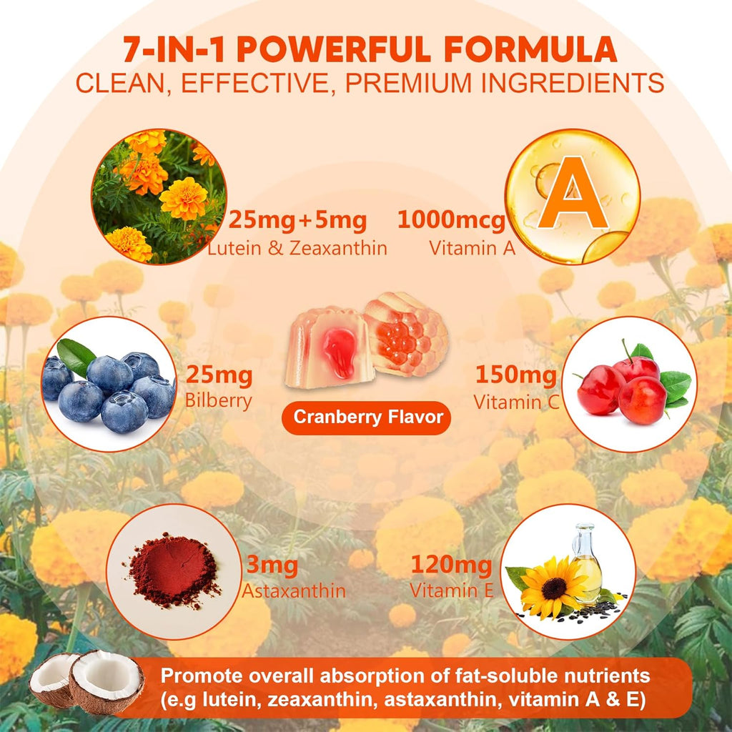 Sugar-Free Lutein Zeaxanthin Supplements Gummies (25mg) Vitamins A, C, E, Bilberry, Astaxanthin - Coconut Oil for Better Absorption - Adults & Teens Vision Health, Eye Strain, Dry Eyes - Vegan, 60Cts