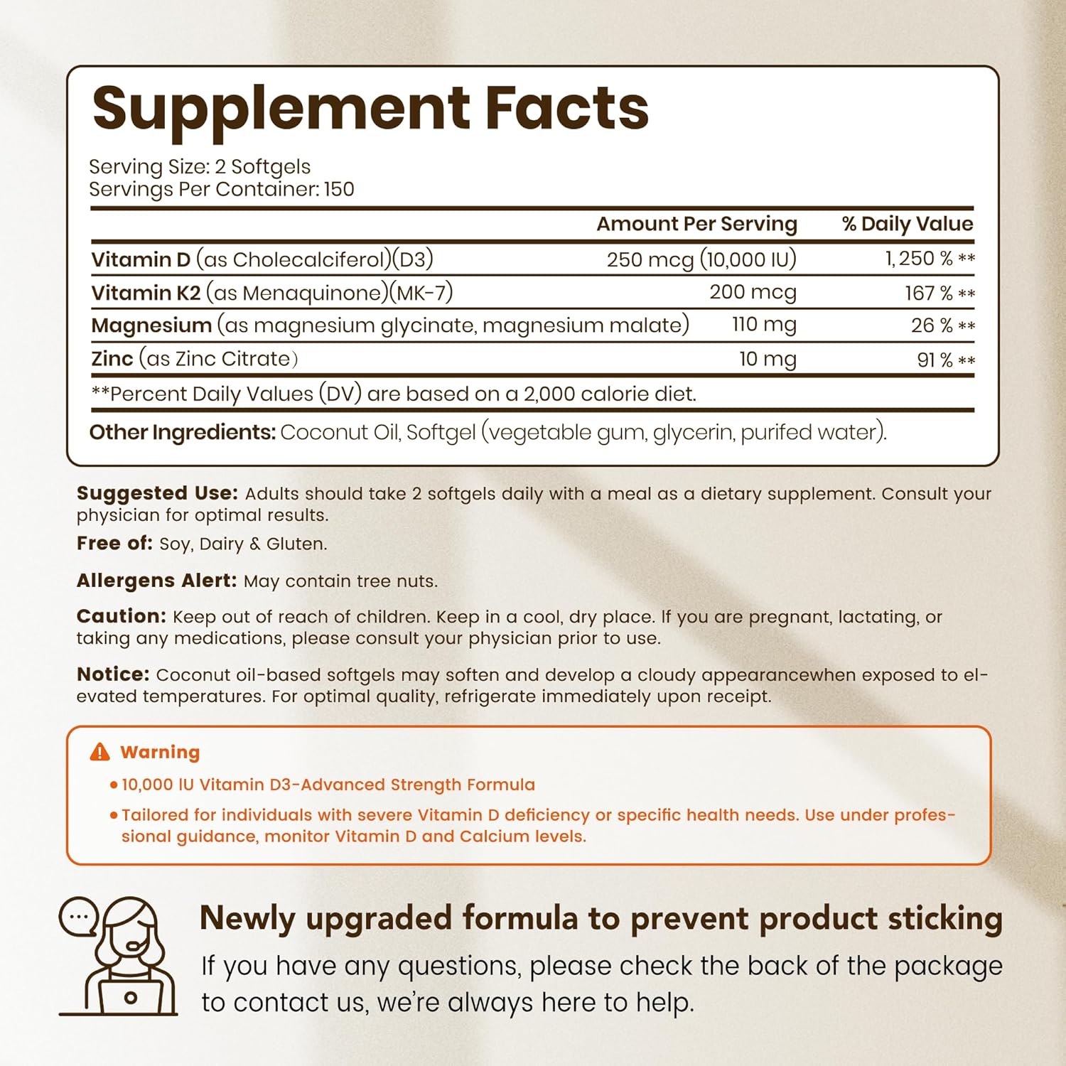 VEV Vitamin D3 K2 10,000 IU Magnesium Supplement – with Vitamin D and K (MK-7), Magnesium Glycinate & Malate, Zinc Citrate – 300 Softgels for Energy, Bone & Muscle Support