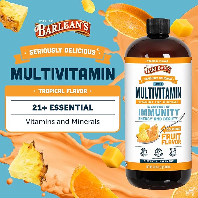 Barlean's Liquid Multivitamin for Women, Men & Kids, 21 Essential Vitamins & Minerals, Includes Biotin, B-Complex, Vitamins C, D3 & K2, Smoothie-Like Daily Supplement, Tropical Flavor, 32 fl oz