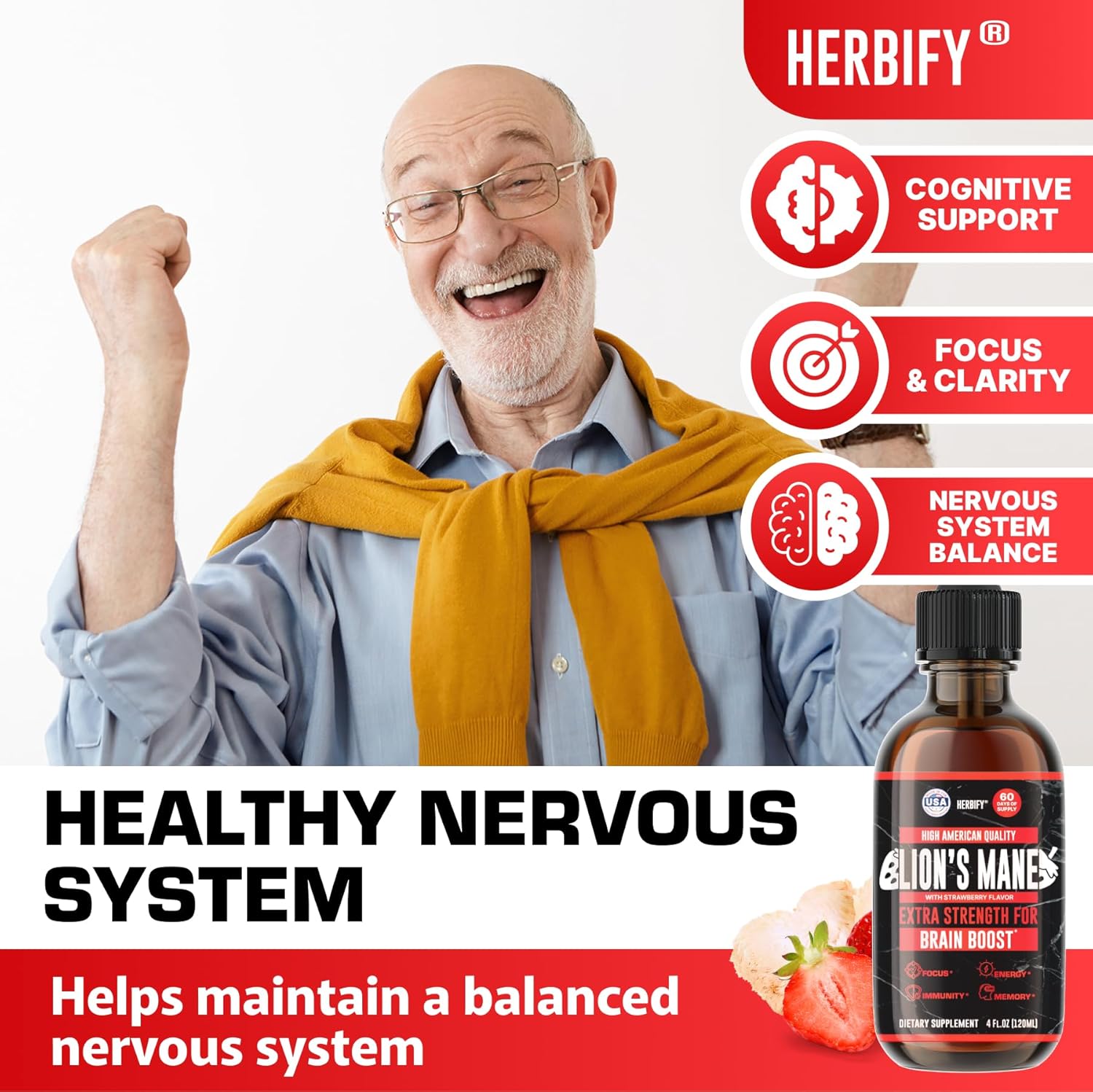 HERBIFY Lions Mane Supplement - Daily Mushroom Supplement for Memory, Focus & Clarity - Brain Booster - Lions Mane Tincture for Immune Support - 4 Fl oz Strawberry Flavor