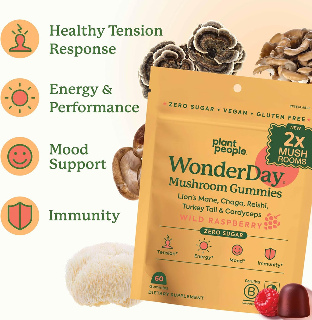 WonderDay Extra Strength Mushroom Gummies –Sugar Free Lion’s Mane, Cordyceps, Reishi & Chaga Supplement for Adults –Mood Boost, Energy, Focus, Immune Support & Gut Health –Vegan, Non-GMO (60 Count)