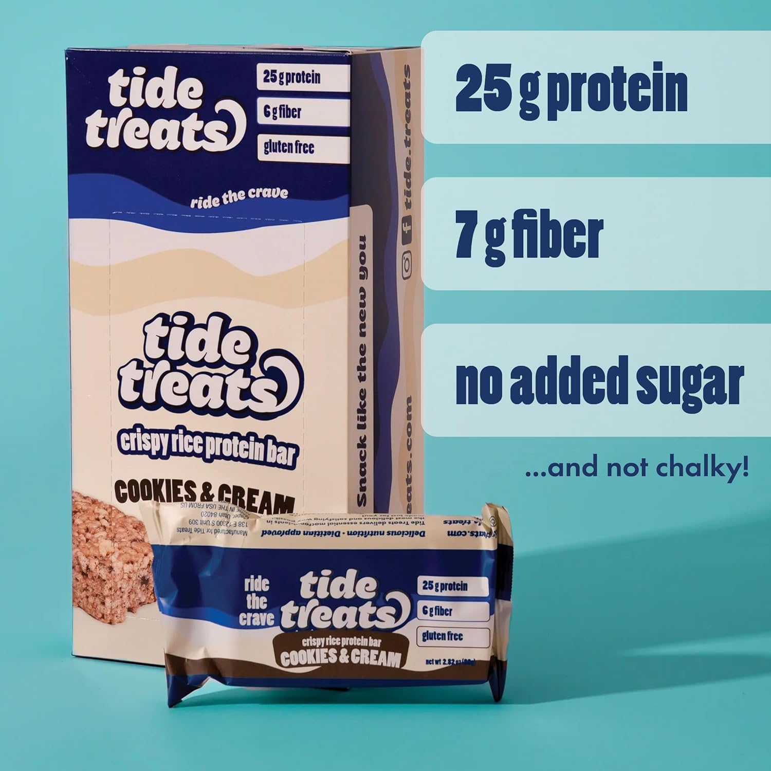 Crispy Rice Protein Treat Bar | 25 g Protein, No Added Sugar, 7 g Fiber, Gluten Free | High Protein Snack for On-the-Go, Post-Workout or Dessert Cravings | 8 Count (Cookies And Cream)