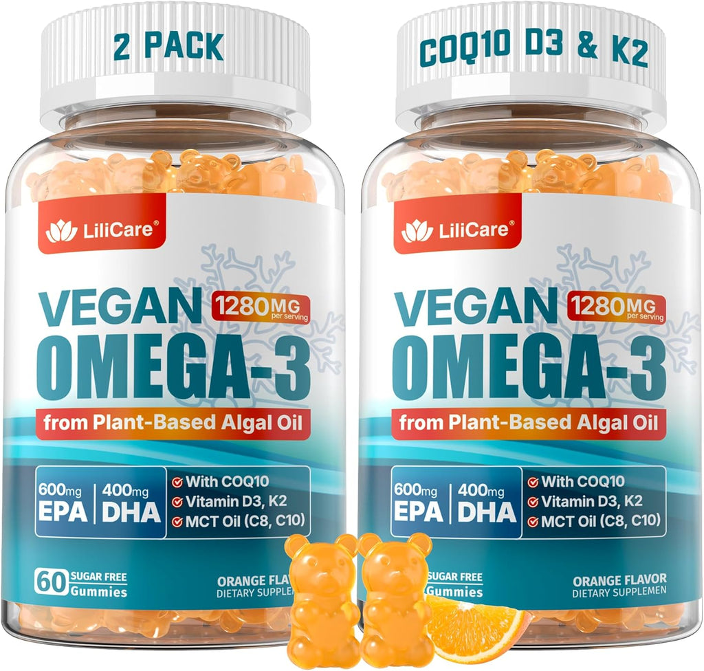 Vegan Omega-3 Gummies 1280mg + COQ10+ Vitamin D3 K2 (MK7), Omega 3 Fish Oil Alternative for Adults w/EPA 600mg & DHA 400mg & MCT Oil, No Fish Taste from Marine Algae, for Brain, Eye, Immunity, 2 Pack