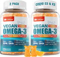 Vegan Omega-3 Gummies 1280mg + COQ10+ Vitamin D3 K2 (MK7), Omega 3 Fish Oil Alternative for Adults w/EPA 600mg & DHA 400mg & MCT Oil, No Fish Taste from Marine Algae, for Brain, Eye, Immunity, 2 Pack