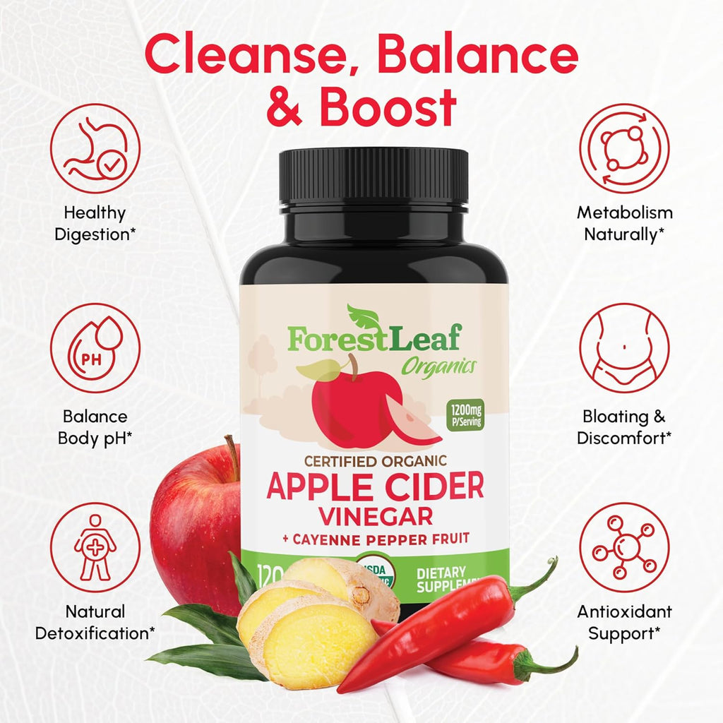 Organic Apple Cider Vinegar Capsules 1200mg – Supports Metabolism, Detox, Digestion, Gut Health – USDA Organic Apple Cider Vinegar Pills with Cayenne Pepper & Ginger Root – 120 Caps – by Forest Leaf
