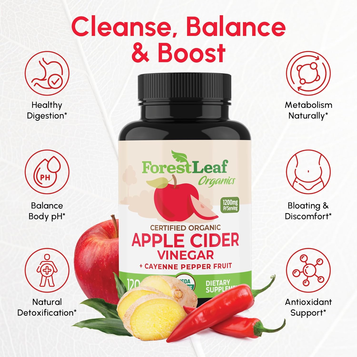 Organic Apple Cider Vinegar Capsules 1200mg – Supports Metabolism, Detox, Digestion, Gut Health – USDA Organic Apple Cider Vinegar Pills with Cayenne Pepper & Ginger Root – 120 Caps – by Forest Leaf