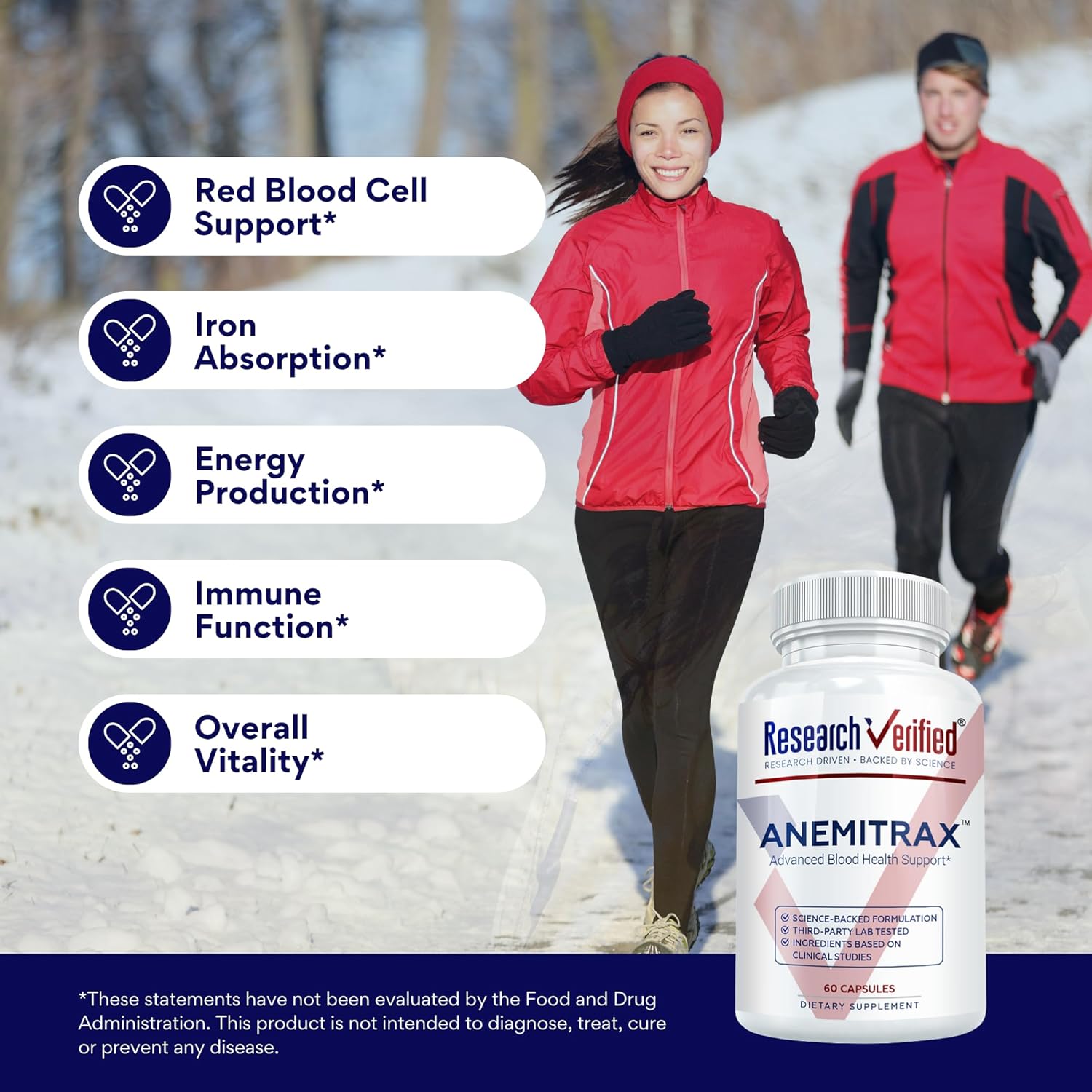 Research Verified Anemia Support - Replenish Iron, Regulate Hemoglobin, Improve Energy - Iron, Vitamin C, Vitamin A, B12, Folate, BioPerine - 180 Capsules - Vegan