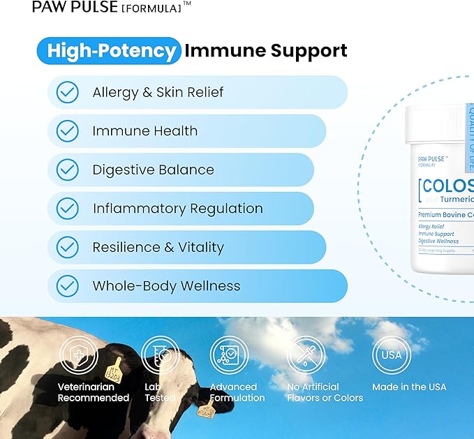 PAWPULSE FORMULA Colostrum for Dogs – Bovine Colostrum Powder with High IgG for Seasonal Allergy, Immune Defense, Skin & Gut Health – Clean Superfood Supplement, Additive-Free, 2.12 oz