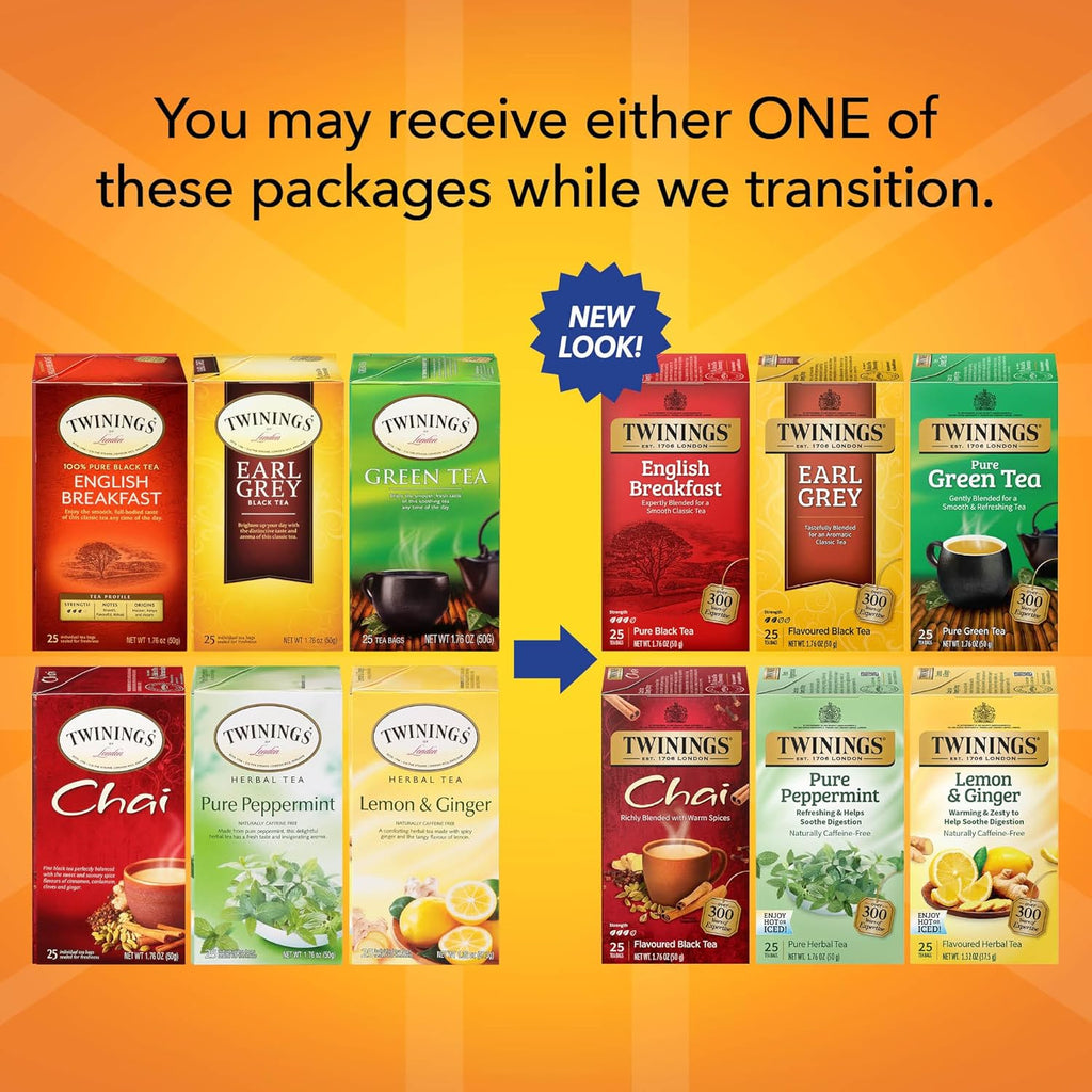 Twinings Variety Pack Tea Bags, 25 Count (Pack of 6) Includes English Breakfast, Earl Grey, Lemon Ginger, Peppermint, Green, and Chai, Enjoy Hot or Iced, 150 Teabags
