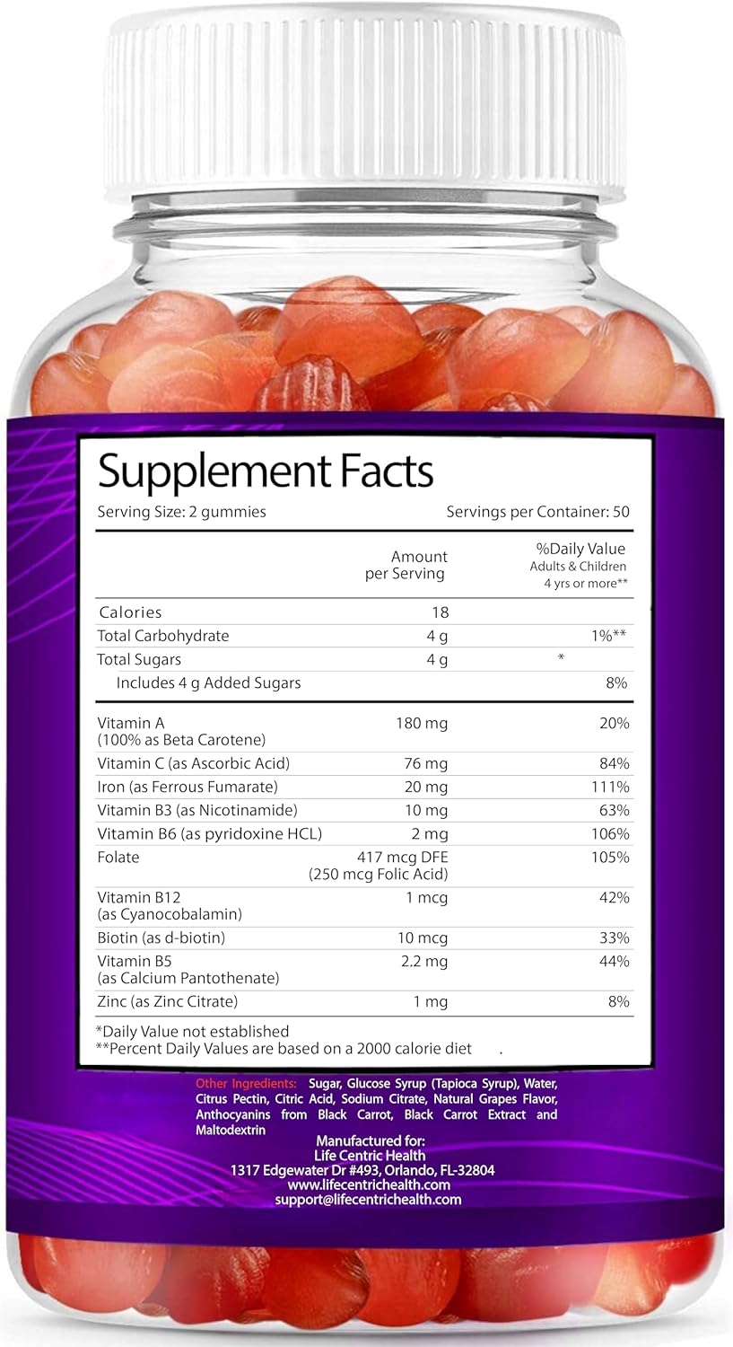 LifeCentricHealth Iron Gummies for Adults & Kids | Biotin Zinc Vitamin B Folic Acid Gummies | Vegan Gluten Free for Women & Men