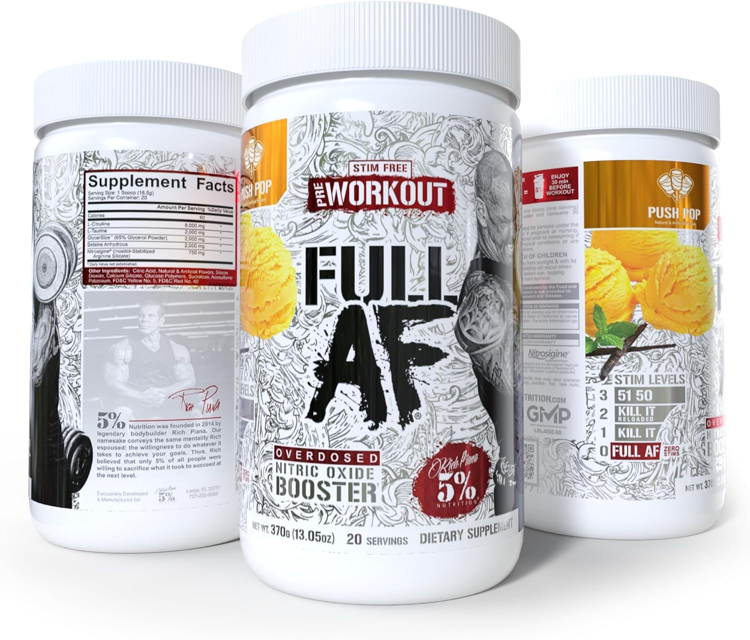 5% Nutrition FullAF Pre-Workout | Stim-Free with Massive Pumps | L-Citrulline, L-Taurine, Nitrosigine, GlycerSize (Push Pop)