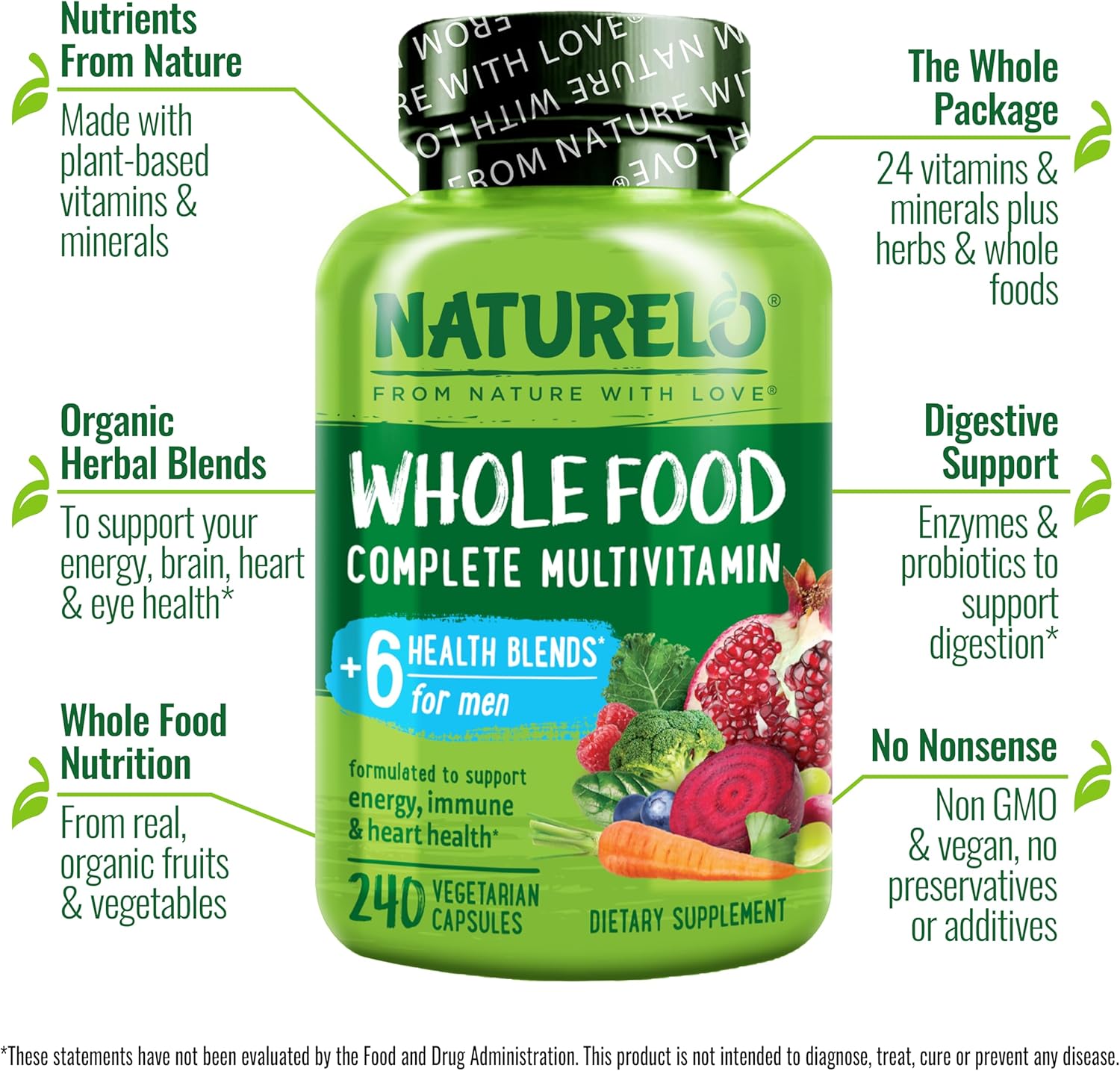 NATURELO Mens Multivitamins - Whole Food Multivitamin for Men with Vitamins, Minerals - 240 Vegetarian Capsules for Energy, Brain, Heart, Eye Health*