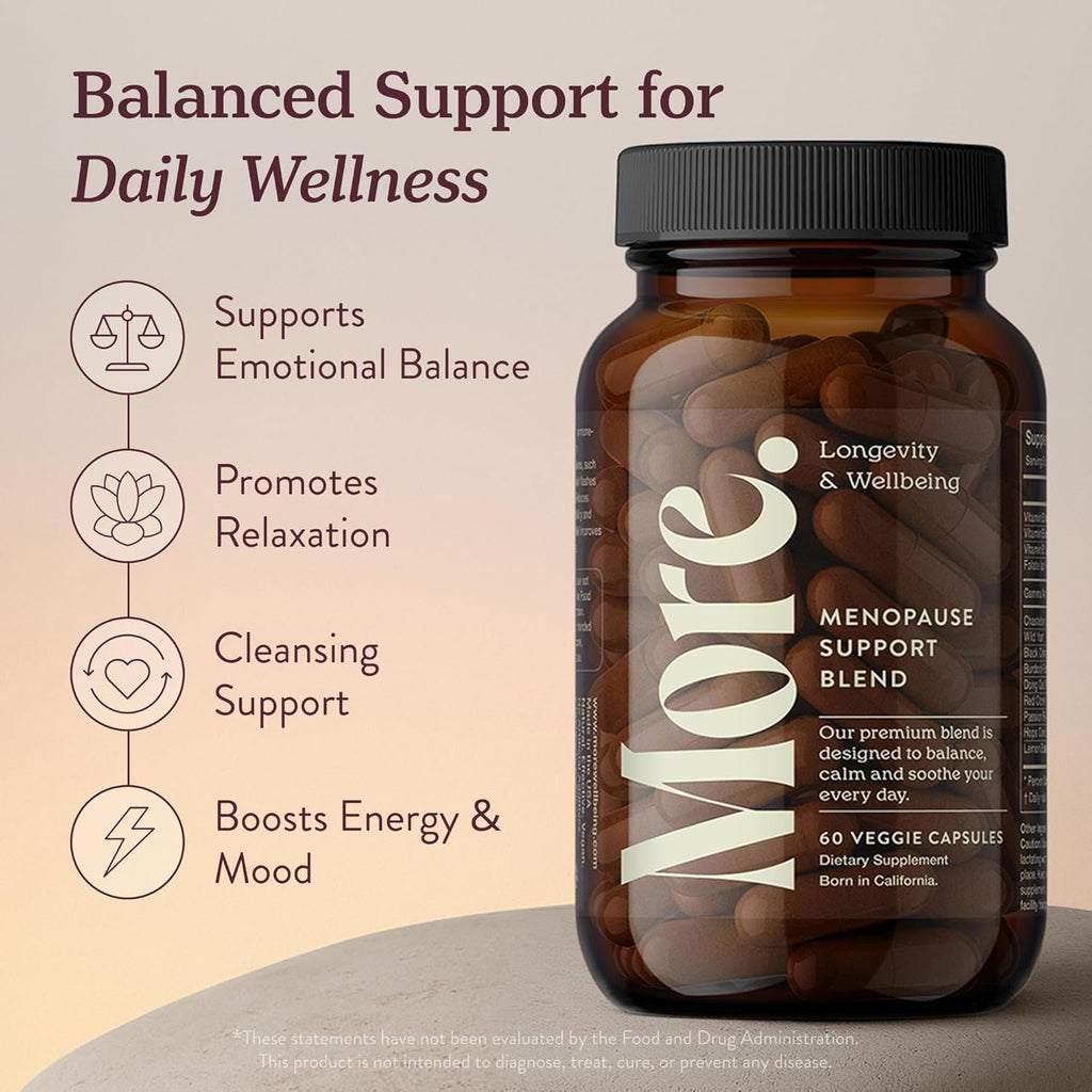More. Longevity & Wellbeing Menopause Support Supplements for Women | Vegan, Hormone-Free & Gluten-Free | Natural Extracts for Hot Flashes, Night Sweats & Hormonal Balance – 60 Caps