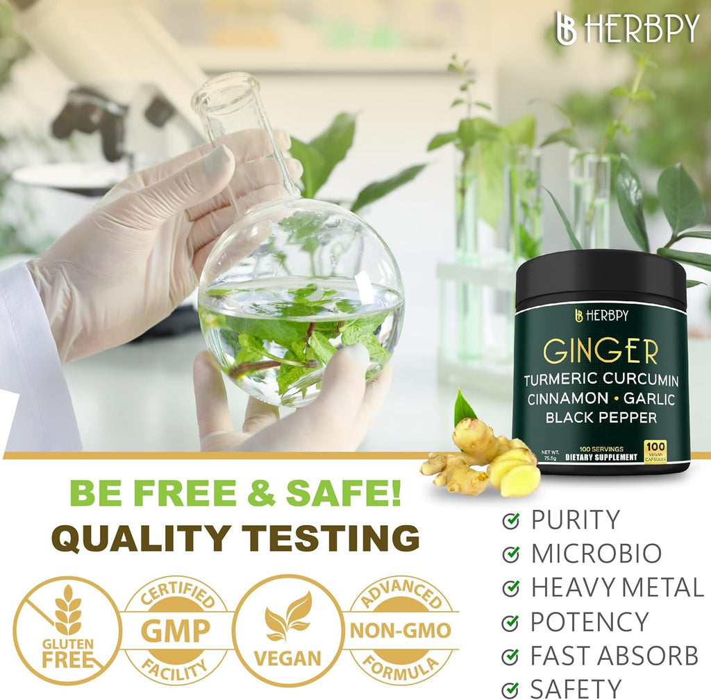 5in1 Ginger and Turmeric Supplements with Ceylon Cinnamon, Garlic - Digestion, Immune, Brain & Heart Health Support - 100 Vegan Capsules