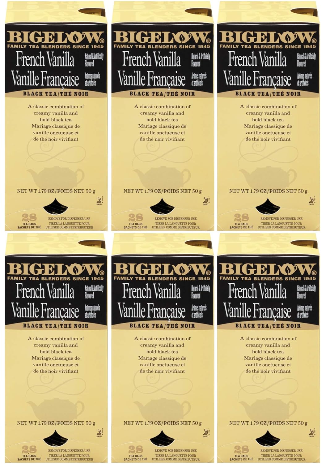 Bigelow French Vanilla Tea 28-Count Boxes (Pack of 6) Premium Black Tea Flavored with Vanilla Antioxidant-Rich Gluten-Free Full-Caffeine Tea in Foil-Wrapped Bags