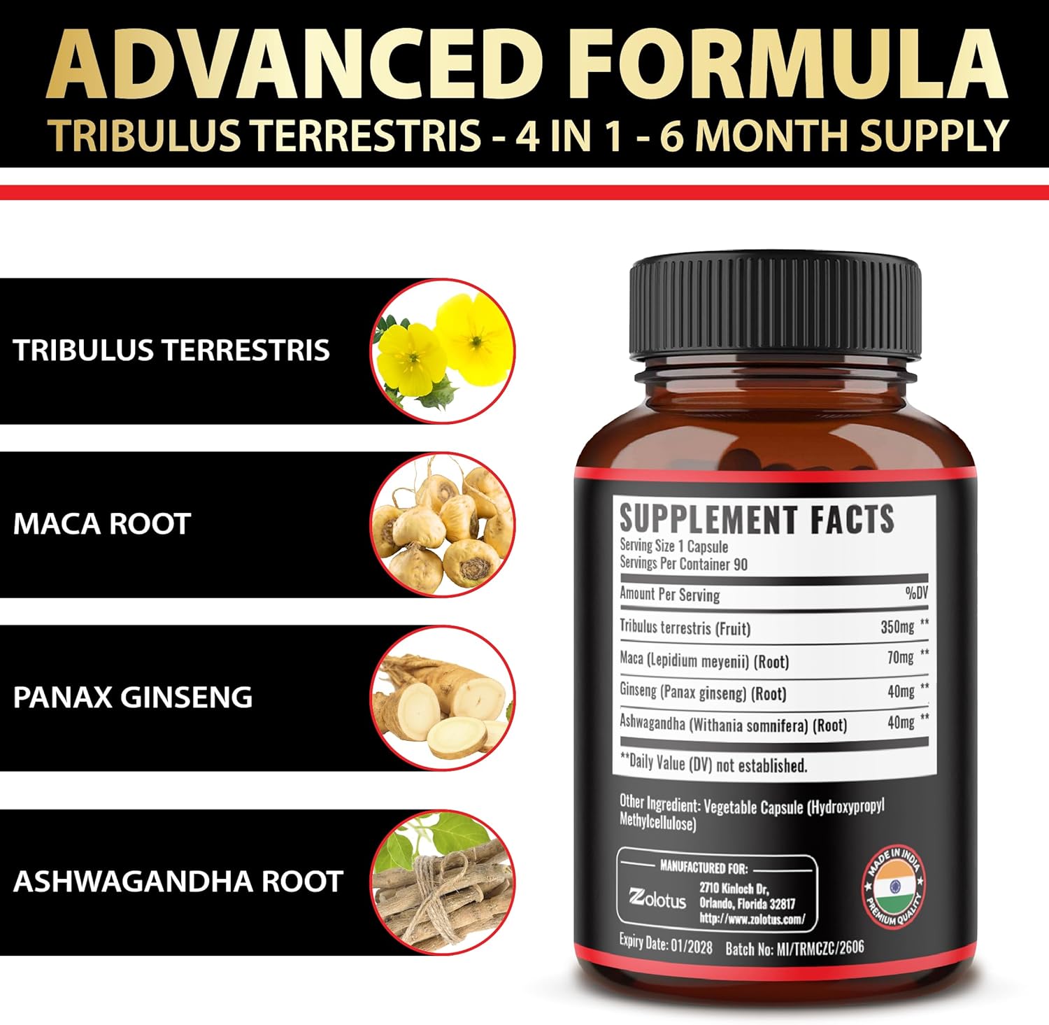 Zolotus 2 Packs Tribulus Terrestris with Maca Root Ashwagndha Root, Panax Ginseng - 6 Months Supply