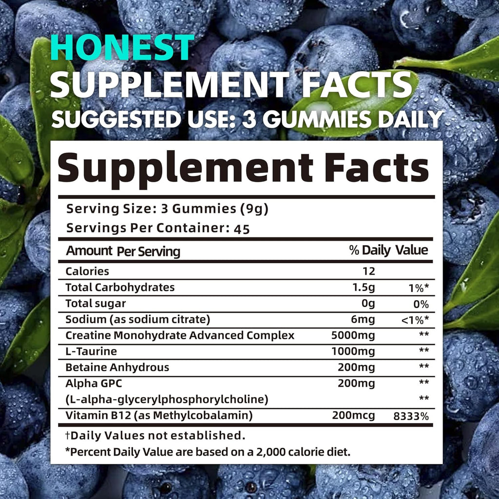 Creatine Monohydrate Gummies for Men & Women - 5g of Creatine Monohydrate per Serving - Sugar Free,Vegan, Blueberry Flavor, 135 Count.
