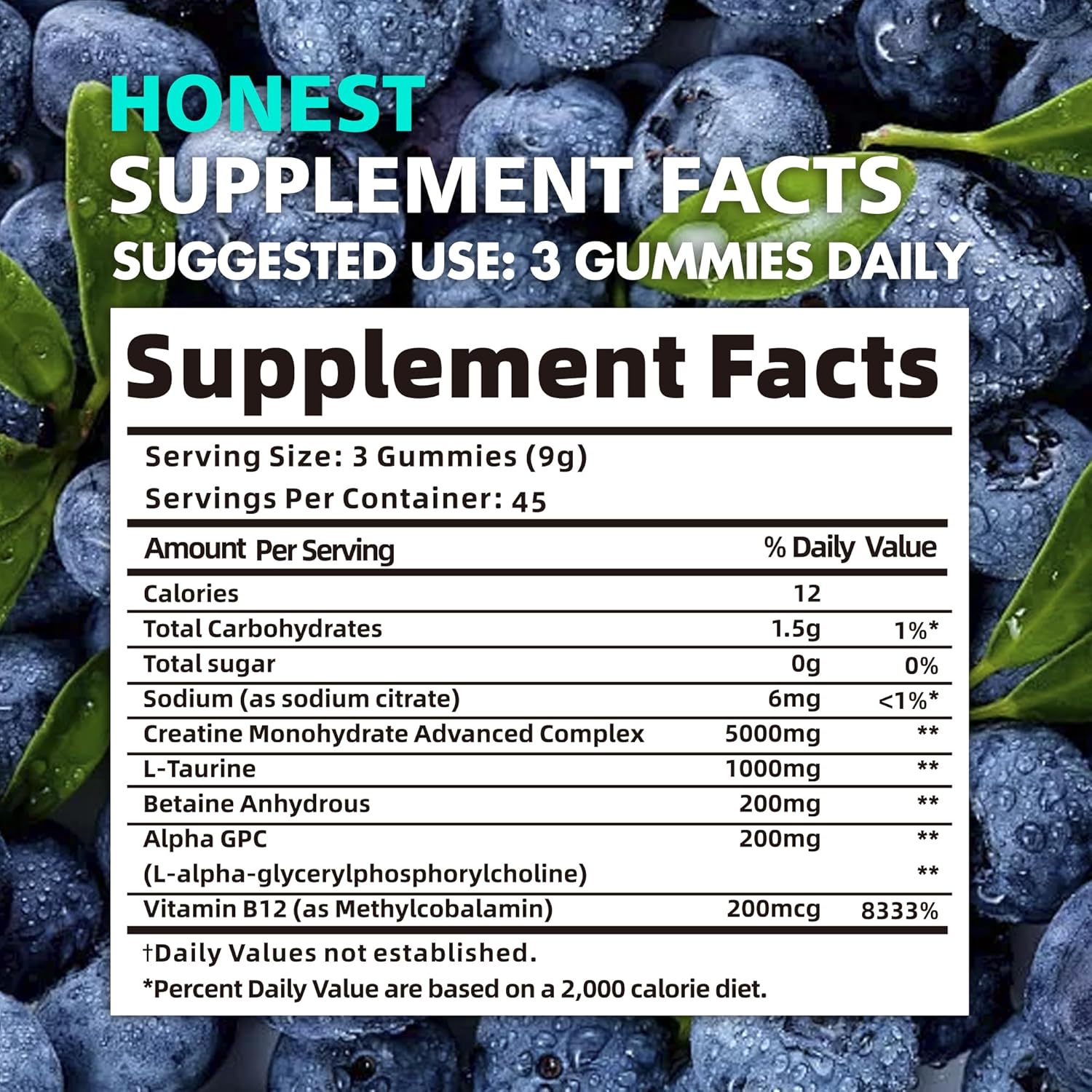 Creatine Monohydrate Gummies for Men & Women - 5g of Creatine Monohydrate per Serving - Sugar Free,Vegan, Blueberry Flavor, 135 Count.