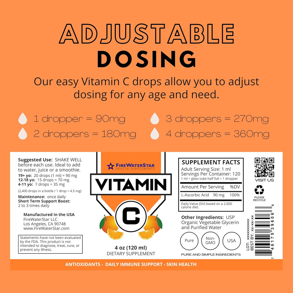 FWS Liquid Vitamin C Supplement for Adults and Kids, Organic, Non-GMO, Vegan, Easy VIT C Drops, Ascorbic Acid, 4 Month Supply, Supports Immune System and Skin Health, Essential Vitamin, 4 oz
