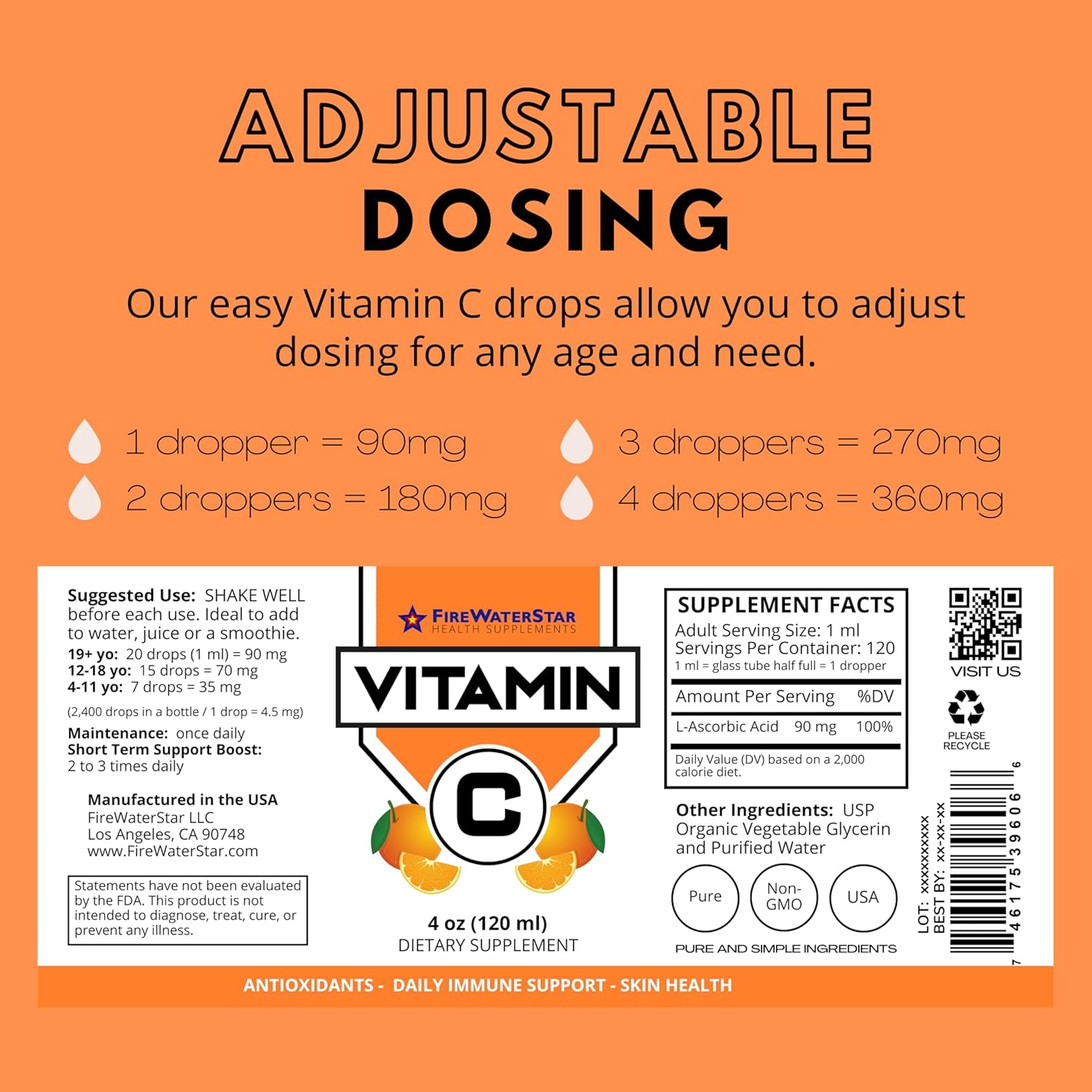 FWS Liquid Vitamin C Supplement for Adults and Kids, Organic, Non-GMO, Vegan, Easy VIT C Drops, Ascorbic Acid, 4 Month Supply, Supports Immune System and Skin Health, Essential Vitamin, 4 oz