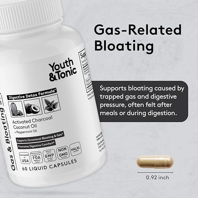 Youth & Tonic Belly Bloating Relief for Gas, Gut & Water Debloating – Digestion & Fluid Retention Support with Activated Charcoal for Women & Men– 150 Pills