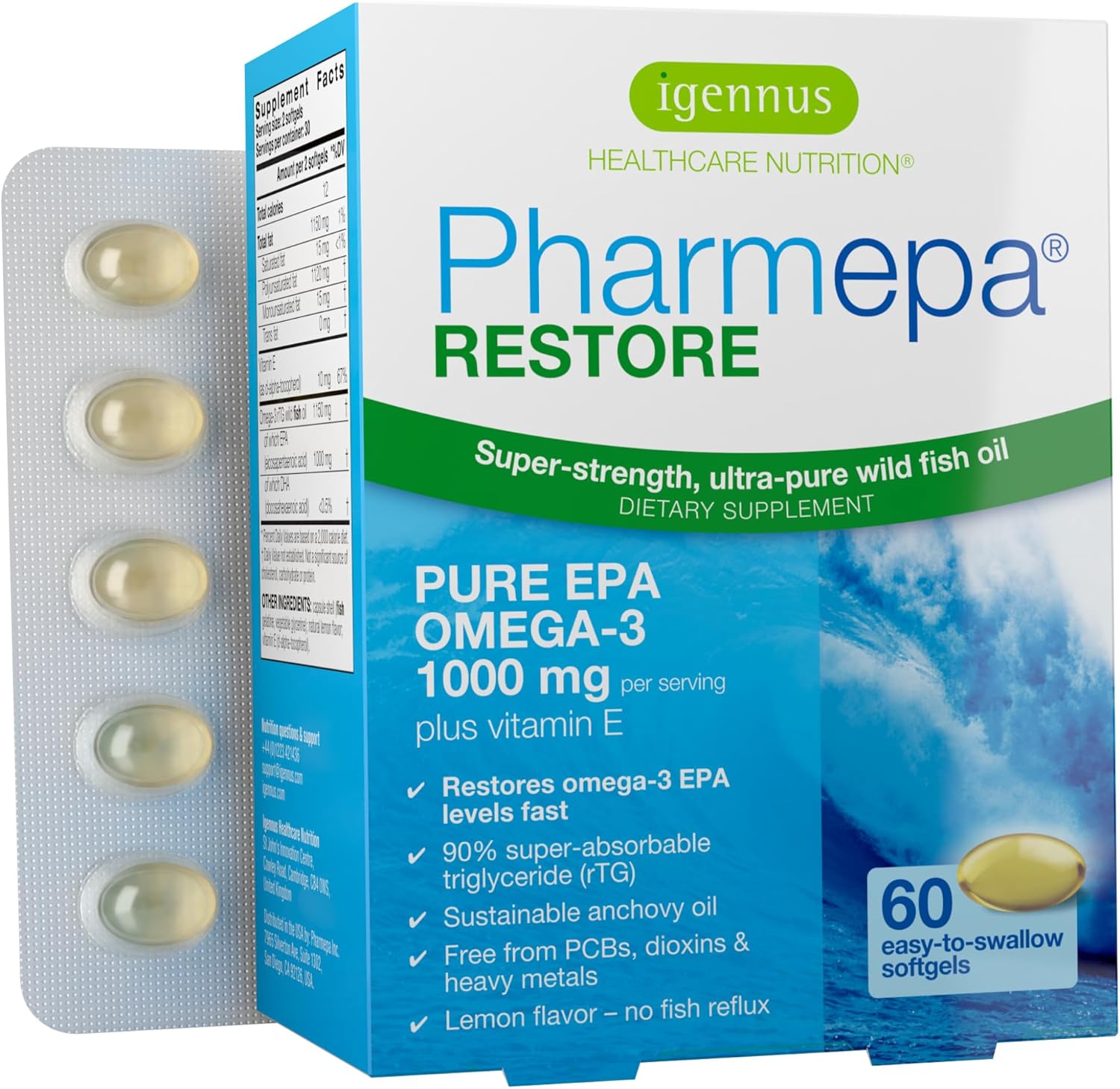 Igennus Pharmepa Restore, Pure EPA 1000mg, Omega 3 rTG Fish Oil, IFOS Certified, High Absorption, 90% Concentration Triple Strength, Wild & Sustainable, Lemon Flavor, 1-Month Supply, 60 Softgels