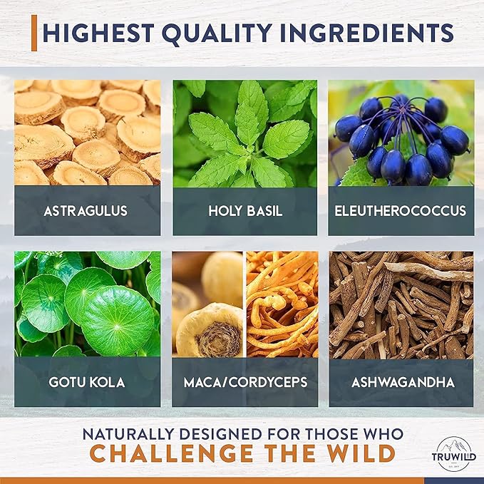TruWild Adaptogens Vegan Capsule Supplement w/Ashwagandha + Maca w/Full Spectrum Mushrooms – All Natural – 60 Servings