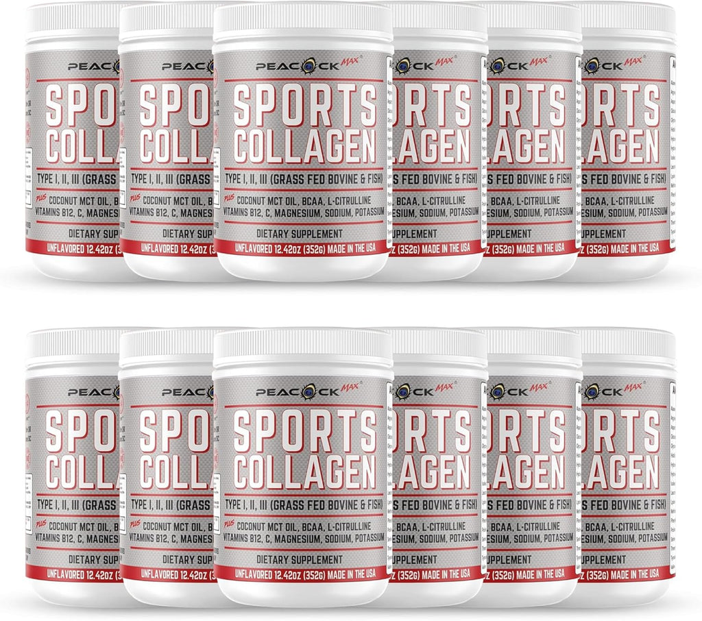 Sports Collagen Powder, 12.42 oz, Pack of 12 - Grass Fed Bovine & Wild Fish Hydrolyzed Type I, II, III Multi Collagen Peptides, Unflavored Protein Powder with Electrolytes