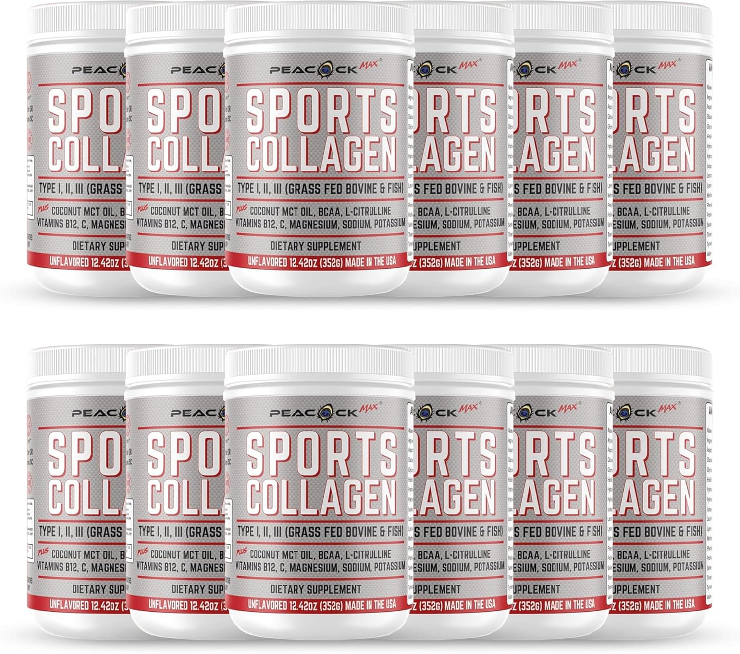 Sports Collagen Powder, 12.42 oz, Pack of 12 - Grass Fed Bovine & Wild Fish Hydrolyzed Type I, II, III Multi Collagen Peptides, Unflavored Protein Powder with Electrolytes