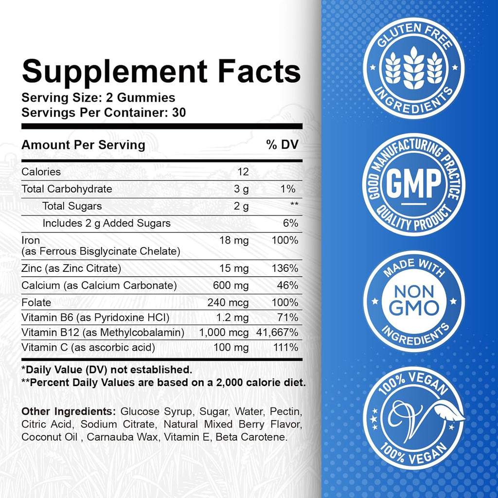 Iron Gummies with Zinc, Calcium, Vitamin C, B6 & B12 | Iron Supplement for Women, Men & Kids | Supports Anemia & Deficiency, Blood Builder & Cell Formation | Chewable Mixed Berry Flavor, 60 Gummies