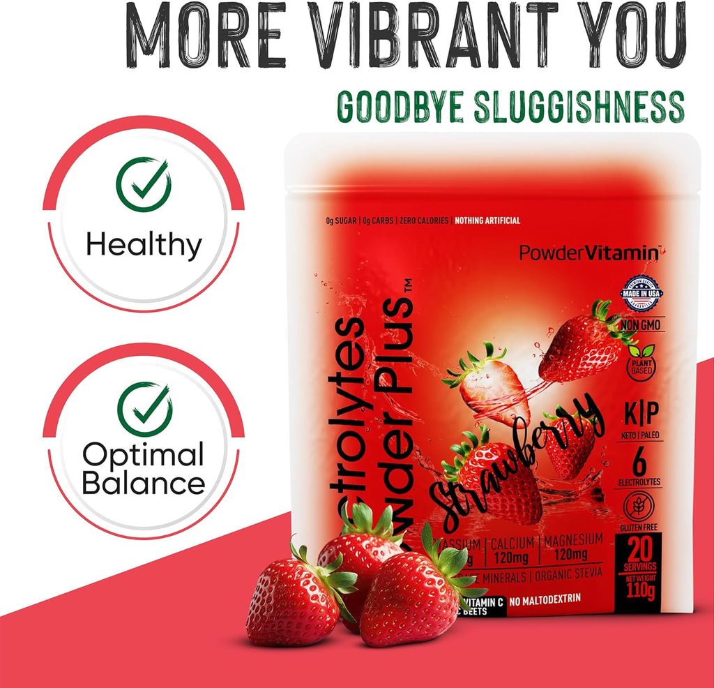 PowderVitamin Electrolytes Powder Plus (100 Servings) Strawberry Electrolyte Powder Zero Calorie Keto,0 Sugar, No Maltodextrin,1000mg Potassium,120mg Calcium,120mg Magnesium, Hydration Powder