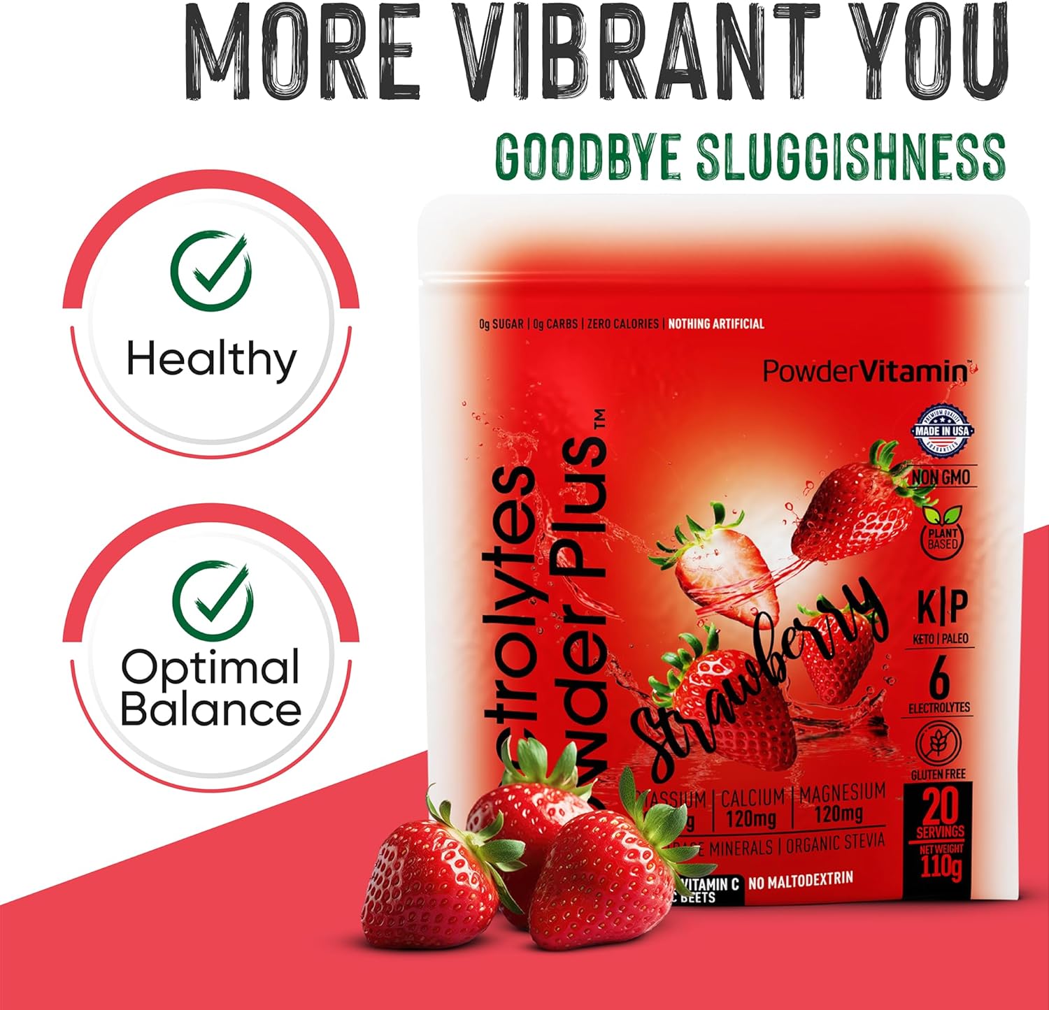 PowderVitamin Electrolytes Powder Plus (100 Servings) Strawberry Electrolyte Powder Zero Calorie Keto,0 Sugar, No Maltodextrin,1000mg Potassium,120mg Calcium,120mg Magnesium, Hydration Powder