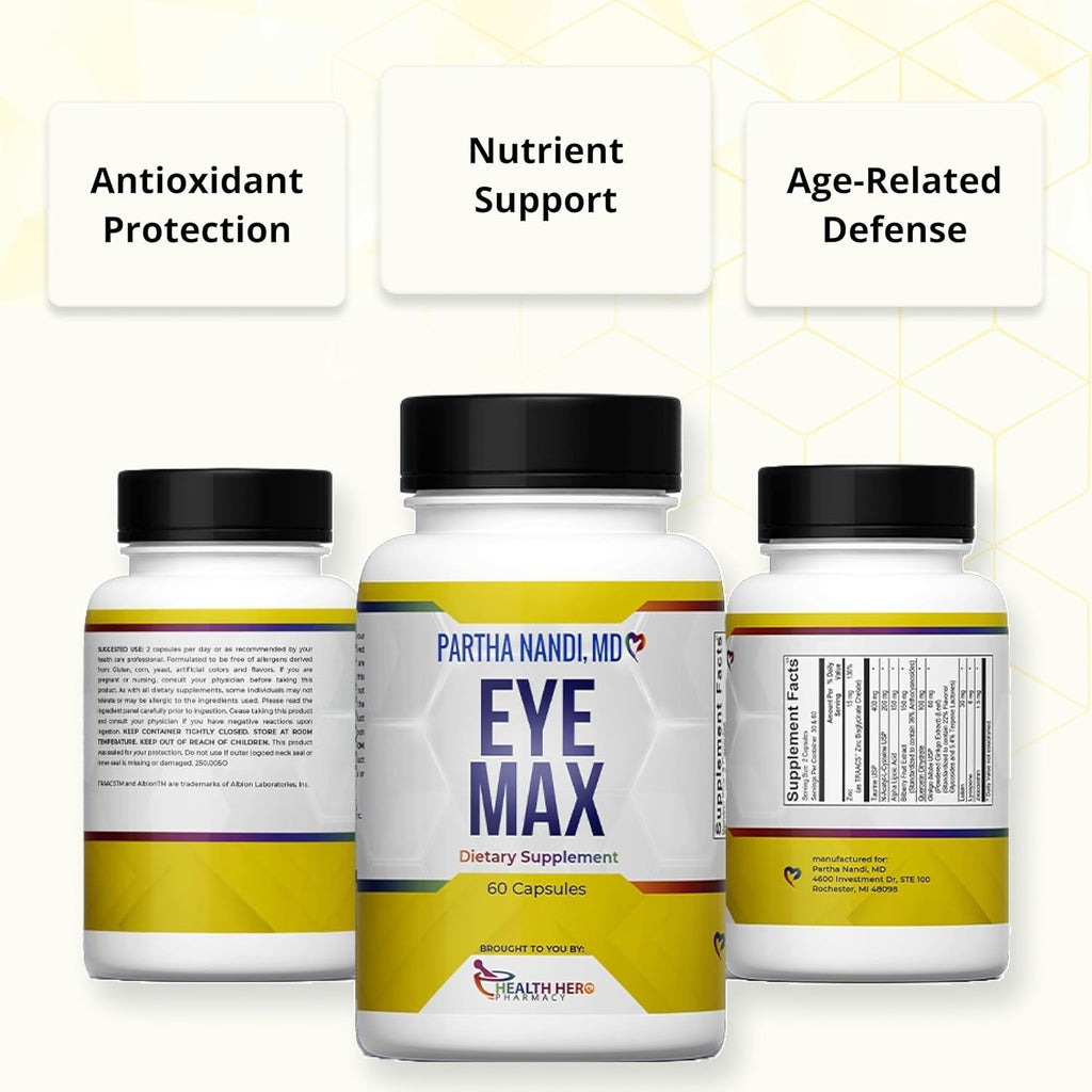 Dr. Nandi’s Eye Max Vision Supplement – Lutein, Zeaxanthin, Lycopene, Zinc – Eye Vitamins for Macular & Retina Support – Blue Light Protection, Visual Clarity & Antioxidant Support – 60 Vegan Capsules